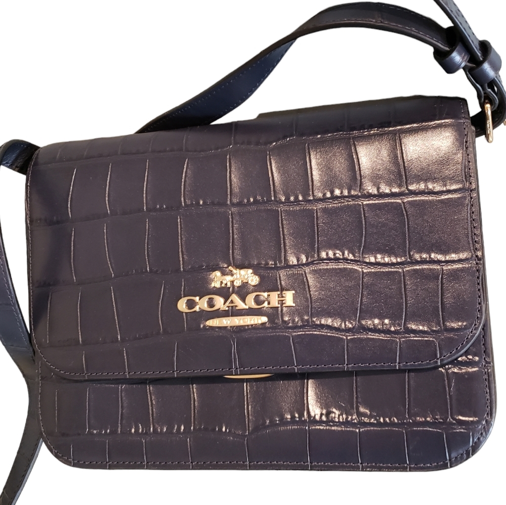 NEW Coach Brynn Navy Blue Croc Embossed Leather Flap Adjustable Shoulder Bag NWT - Picture 3 of 15